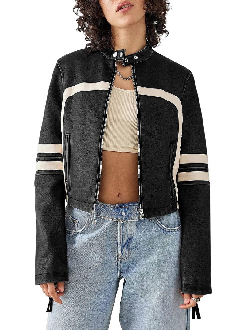 Saodimallsu Womenâ€™s Faux Leather Jackets Zip Up Stand Collar Cropped Motocross PU Coats - Image 1