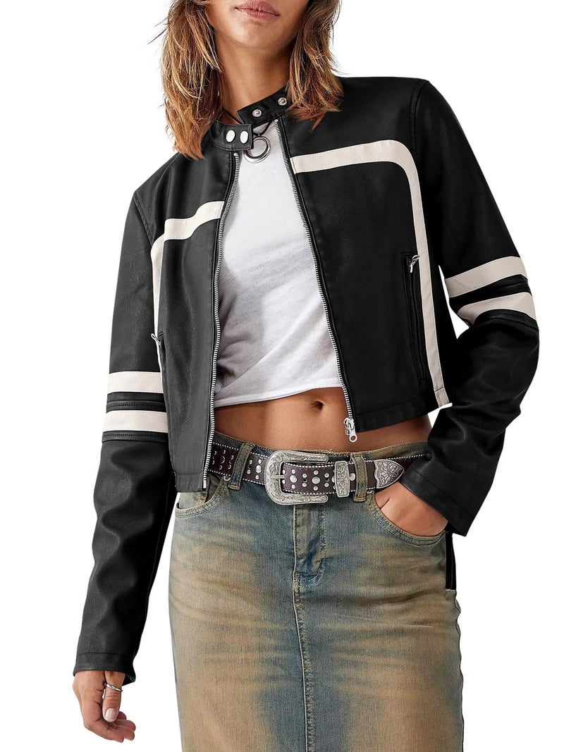 Saodimallsu Womenâ€™s Faux Leather Jackets Zip Up Stand Collar Cropped Motocross PU Coats - Image 2