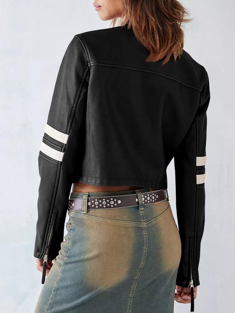 Saodimallsu Womenâ€™s Faux Leather Jackets Zip Up Stand Collar Cropped Motocross PU Coats - Image 4