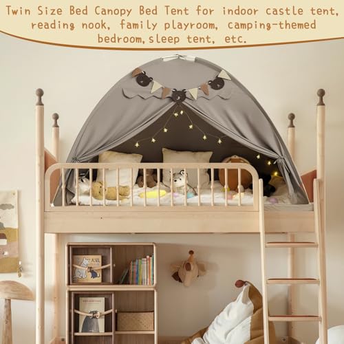YEERSWAG Twin Bed Tent for Kids, Bed Tent Canopy Sleeping Tent Privacy Space Dream Playhouse with Stars Light & Flags, Toddler Indoor Floor Play Tent for Boys & Girls, Birthday Children‘s Gift, Grey - Image 4
