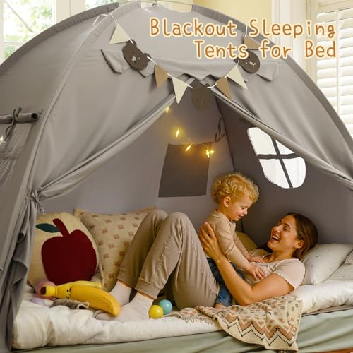 YEERSWAG Twin Bed Tent for Kids, Bed Tent Canopy Sleeping Tent Privacy Space Dream Playhouse with Stars Light & Flags, Toddler Indoor Floor Play Tent for Boys & Girls, Birthday Children‘s Gift, Grey - Image 5
