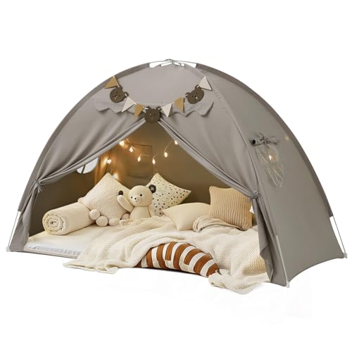 YEERSWAG Twin Bed Tent for Kids, Bed Tent Canopy Sleeping Tent Privacy Space Dream Playhouse with Stars Light & Flags, Toddler Indoor Floor Play Tent for Boys & Girls, Birthday Children‘s Gift, Grey - Image 1