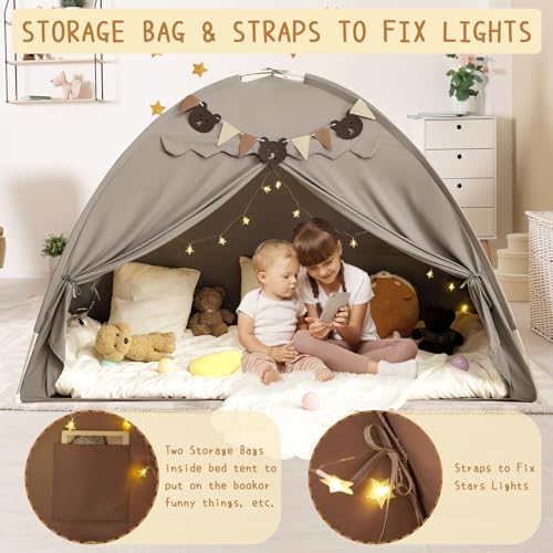YEERSWAG Twin Bed Tent for Kids, Bed Tent Canopy Sleeping Tent Privacy Space Dream Playhouse with Stars Light & Flags, Toddler Indoor Floor Play Tent for Boys & Girls, Birthday Children‘s Gift, Grey - Image 2