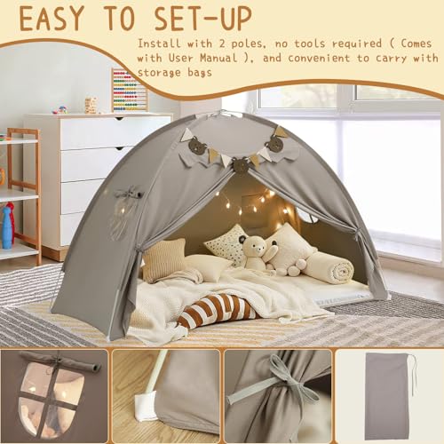 YEERSWAG Twin Bed Tent for Kids, Bed Tent Canopy Sleeping Tent Privacy Space Dream Playhouse with Stars Light & Flags, Toddler Indoor Floor Play Tent for Boys & Girls, Birthday Children‘s Gift, Grey - Image 3