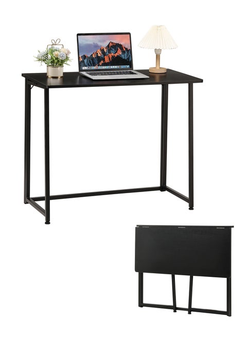 Folding Table - 90x45x73cm Black - Foldable Desk with Sturdy Wood Top and Iron Frame - Space-Saving Home Office Desk Multipurpose Laptop Table for Craft, Study, and Work (No Assembly Required)