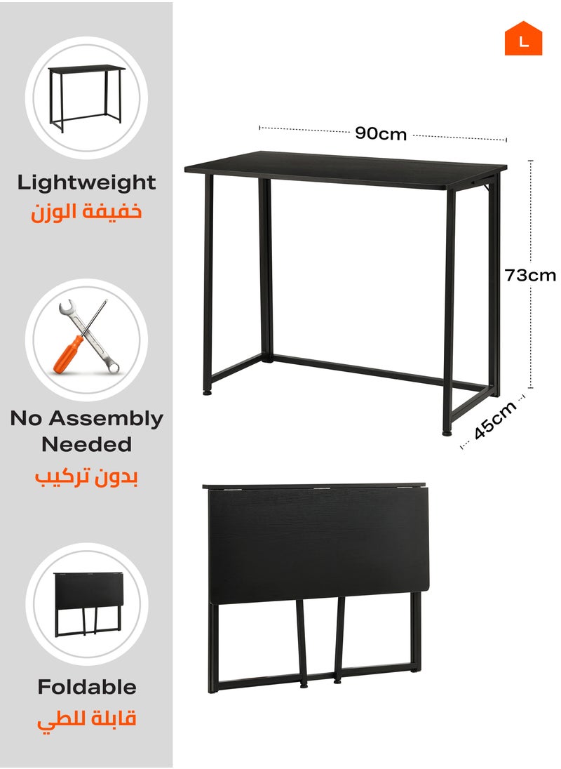 Folding Table - 90x45x73cm Black - Foldable Desk with Sturdy Wood Top and Iron Frame - Space-Saving Home Office Desk Multipurpose Laptop Table for Craft, Study, and Work (No Assembly Required)