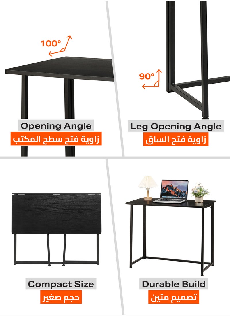 Folding Table - 90x45x73cm Black - Foldable Desk with Sturdy Wood Top and Iron Frame - Space-Saving Home Office Desk Multipurpose Laptop Table for Craft, Study, and Work (No Assembly Required)