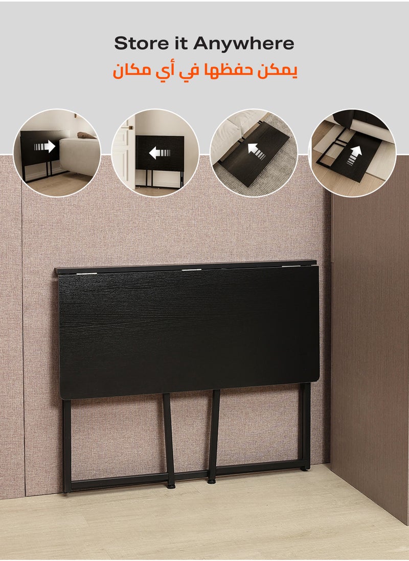 Folding Table - 90x45x73cm Black - Foldable Desk with Sturdy Wood Top and Iron Frame - Space-Saving Home Office Desk Multipurpose Laptop Table for Craft, Study, and Work (No Assembly Required)