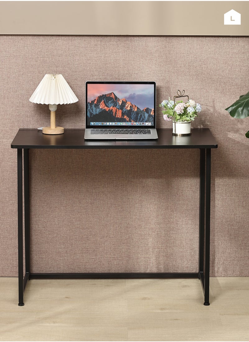 Folding Table - 90x45x73cm Black - Foldable Desk with Sturdy Wood Top and Iron Frame - Space-Saving Home Office Desk Multipurpose Laptop Table for Craft, Study, and Work (No Assembly Required)