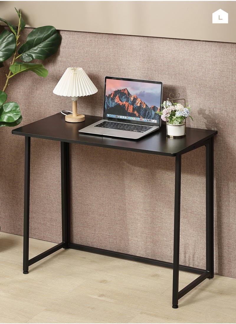 Folding Table - 90x45x73cm Black - Foldable Desk with Sturdy Wood Top and Iron Frame - Space-Saving Home Office Desk Multipurpose Laptop Table for Craft, Study, and Work (No Assembly Required)