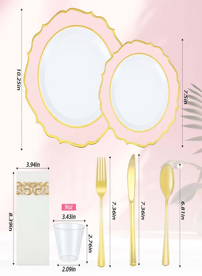 Maxcheck 210 Pcs Pink Flower Scalloped Plastic Plates for Party Bridal Shower Disposable 10.25" & 7.5" Gold Rim Plate for 30 Guests Baroque Dinner Plate for Afternoon Tea Birthday Wedding Baby Shower - Image 2