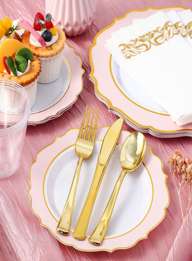 Maxcheck 210 Pcs Pink Flower Scalloped Plastic Plates for Party Bridal Shower Disposable 10.25" & 7.5" Gold Rim Plate for 30 Guests Baroque Dinner Plate for Afternoon Tea Birthday Wedding Baby Shower - Image 5