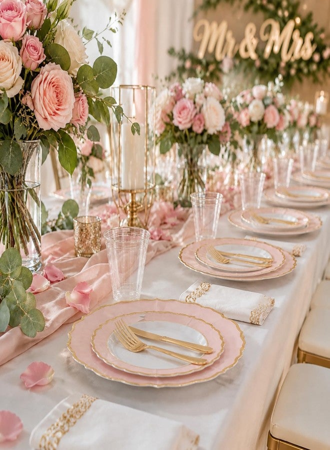 Maxcheck 210 Pcs Pink Flower Scalloped Plastic Plates for Party Bridal Shower Disposable 10.25" & 7.5" Gold Rim Plate for 30 Guests Baroque Dinner Plate for Afternoon Tea Birthday Wedding Baby Shower - Image 4