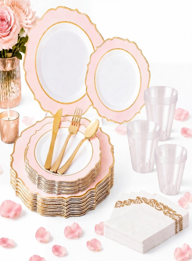 Maxcheck 210 Pcs Pink Flower Scalloped Plastic Plates for Party Bridal Shower Disposable 10.25" & 7.5" Gold Rim Plate for 30 Guests Baroque Dinner Plate for Afternoon Tea Birthday Wedding Baby Shower - Image 1
