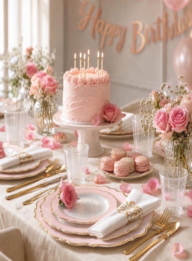 Maxcheck 210 Pcs Pink Flower Scalloped Plastic Plates for Party Bridal Shower Disposable 10.25" & 7.5" Gold Rim Plate for 30 Guests Baroque Dinner Plate for Afternoon Tea Birthday Wedding Baby Shower - Image 3