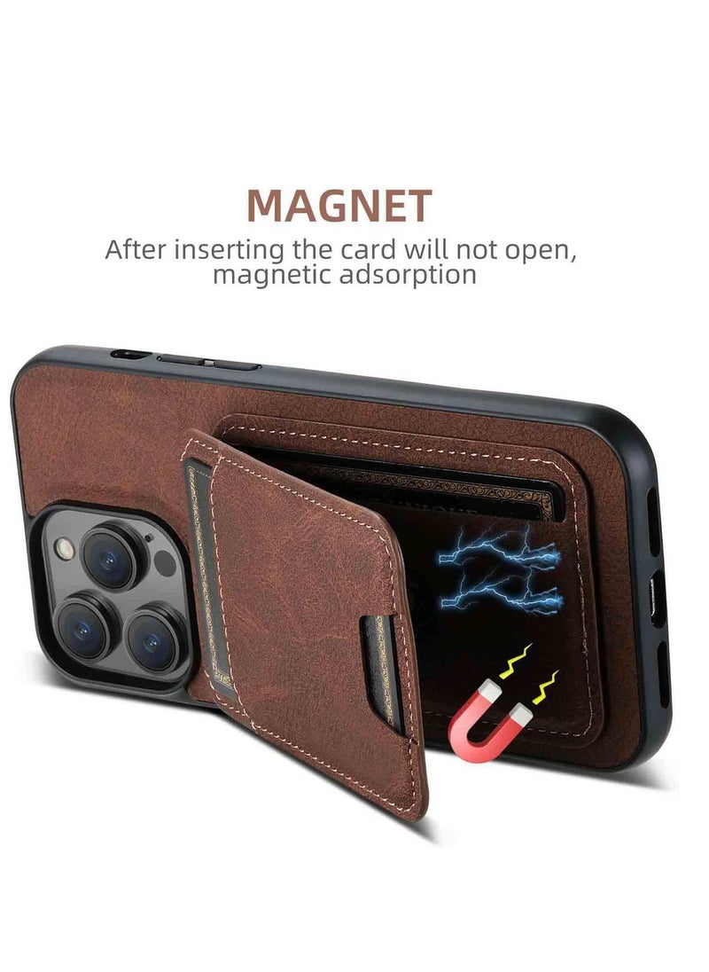 For iPhone 16 Pro Max Leather Card Holder Phone Case, Magnetic Stand, Wireless Charging Leather Cover 2 in 1 Detachable Card Case Phone Case Compatible for iPhone16 Pro Max (Brown-H15)