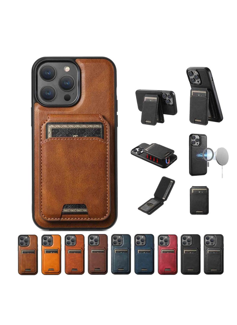 For iPhone 16 Pro Max Leather Card Holder Phone Case, Magnetic Stand, Wireless Charging Leather Cover 2 in 1 Detachable Card Case Phone Case Compatible for iPhone16 Pro Max (Brown-H15)