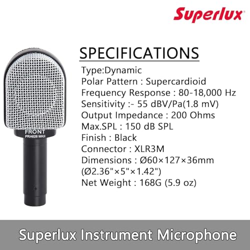 Superlux PRA628MKII Professional Dynamic Instrument Microphone, Wired Super-Cardioid Mic for Guitar/Bass Amps & Live Sound. Recording for Studio and Live Performance, Road-Ready with Clamp & Bag - Image 4