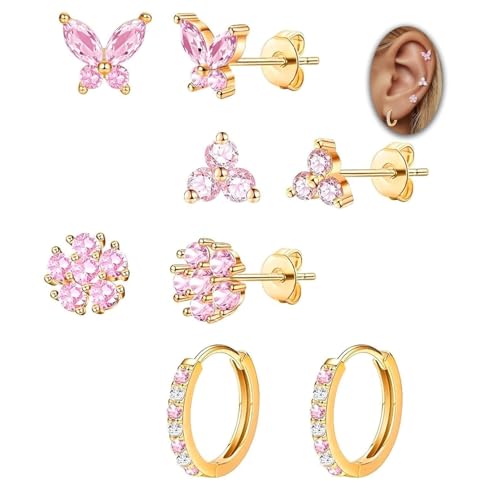 VAMA FASHIONS 4 Pair 18K Gold Plated Pink CZ Stone Multiple Pericing Anti Tarnish Stud Earrings Hypoallergenic Helix Tragus Waterproof Ear Studs Combo Set For Women - Image 1