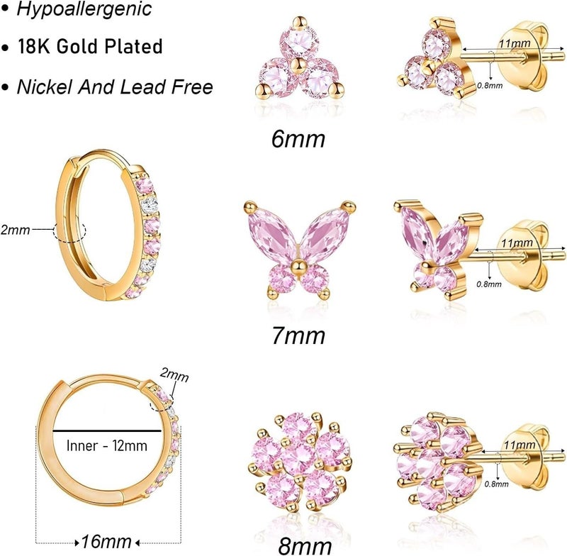 VAMA FASHIONS 4 Pair 18K Gold Plated Pink CZ Stone Multiple Pericing Anti Tarnish Stud Earrings Hypoallergenic Helix Tragus Waterproof Ear Studs Combo Set For Women - Image 3