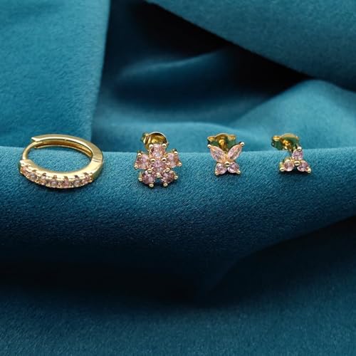 VAMA FASHIONS 4 Pair 18K Gold Plated Pink CZ Stone Multiple Pericing Anti Tarnish Stud Earrings Hypoallergenic Helix Tragus Waterproof Ear Studs Combo Set For Women - Image 5