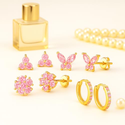 VAMA FASHIONS 4 Pair 18K Gold Plated Pink CZ Stone Multiple Pericing Anti Tarnish Stud Earrings Hypoallergenic Helix Tragus Waterproof Ear Studs Combo Set For Women - Image 4
