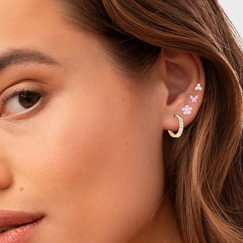 VAMA FASHIONS 4 Pair 18K Gold Plated Pink CZ Stone Multiple Pericing Anti Tarnish Stud Earrings Hypoallergenic Helix Tragus Waterproof Ear Studs Combo Set For Women - Image 2