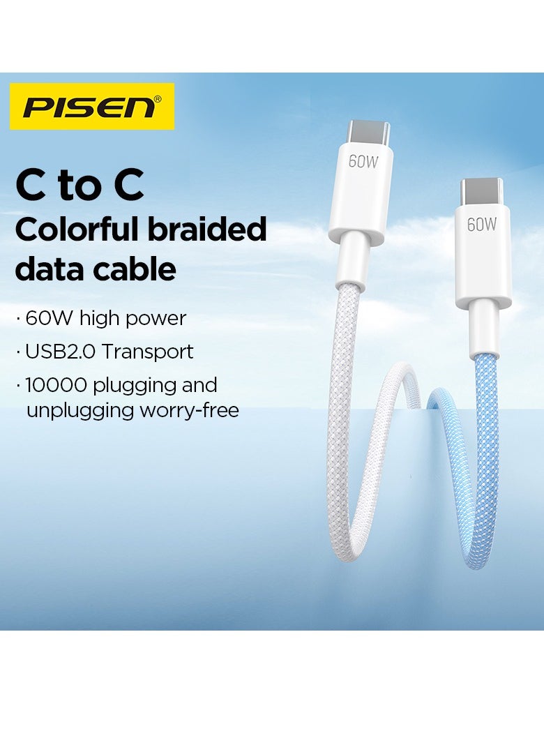 Pisen - USB C Cable 60W PD Type C to Type C Charger Cable Fast Charging, Braided Power Cord Data Cable USB-C for iPad Air MacBook Pro iPhone 16/15 Series Samsung Galaxy S23 S22 A9 1M - Image 1