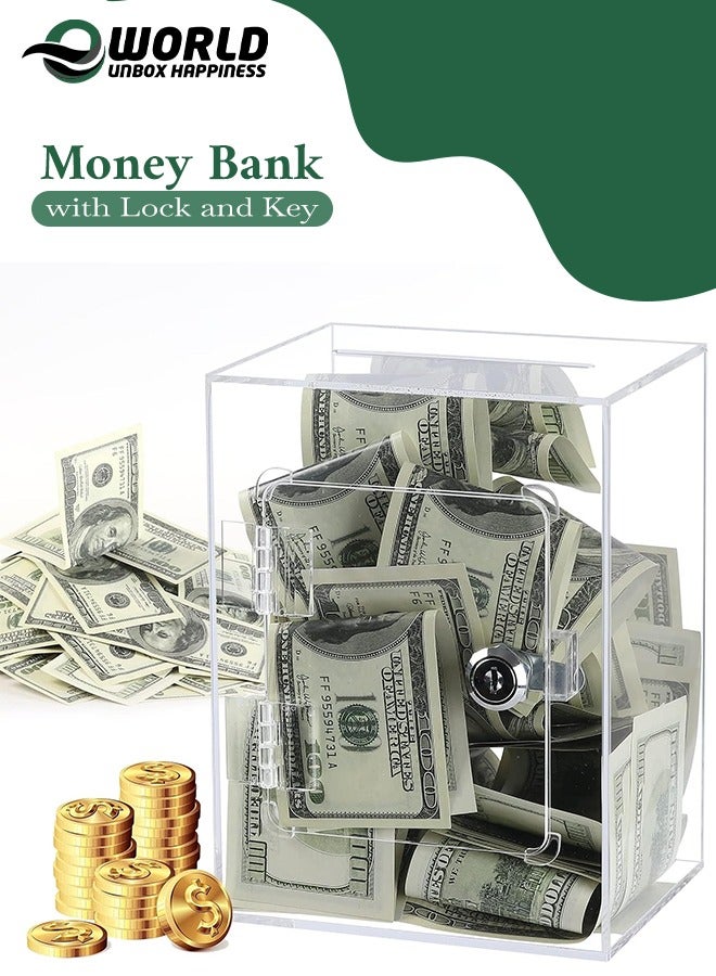 إي وورلد صندوق نقود شفاف من الأكريليك مع قفل ومفاتيح، صندوق نقود كلاسيكي للعملات الورقية والنقدية، مثالي للأطفال والكبار. - Image 1