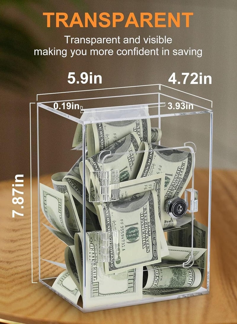 إي وورلد صندوق نقود شفاف من الأكريليك مع قفل ومفاتيح، صندوق نقود كلاسيكي للعملات الورقية والنقدية، مثالي للأطفال والكبار. - Image 2