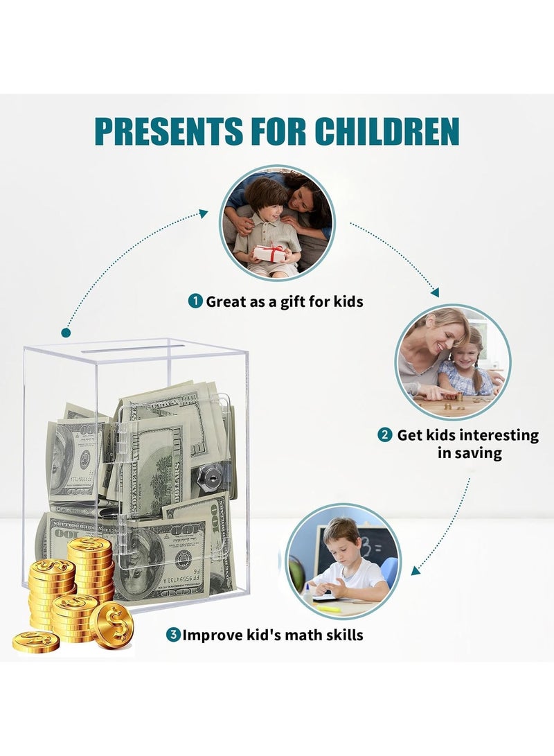 إي وورلد صندوق نقود شفاف من الأكريليك مع قفل ومفاتيح، صندوق نقود كلاسيكي للعملات الورقية والنقدية، مثالي للأطفال والكبار. - Image 5