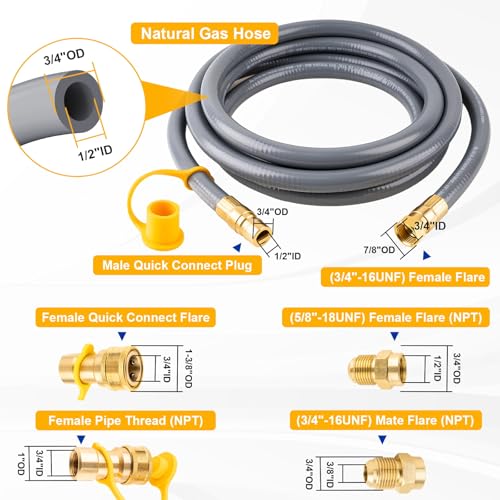 YINGKESI 15 Feet 1/2" ID Natural Gas Grill Hose, Gas Line Hose Low Pressure with Male Quick Connect Fittings and 3/4"-16UNF Female Flare, Natural Gas Conversion Kit for Grill, Generator, Oven, Heater(NOT3/8") - Image 2