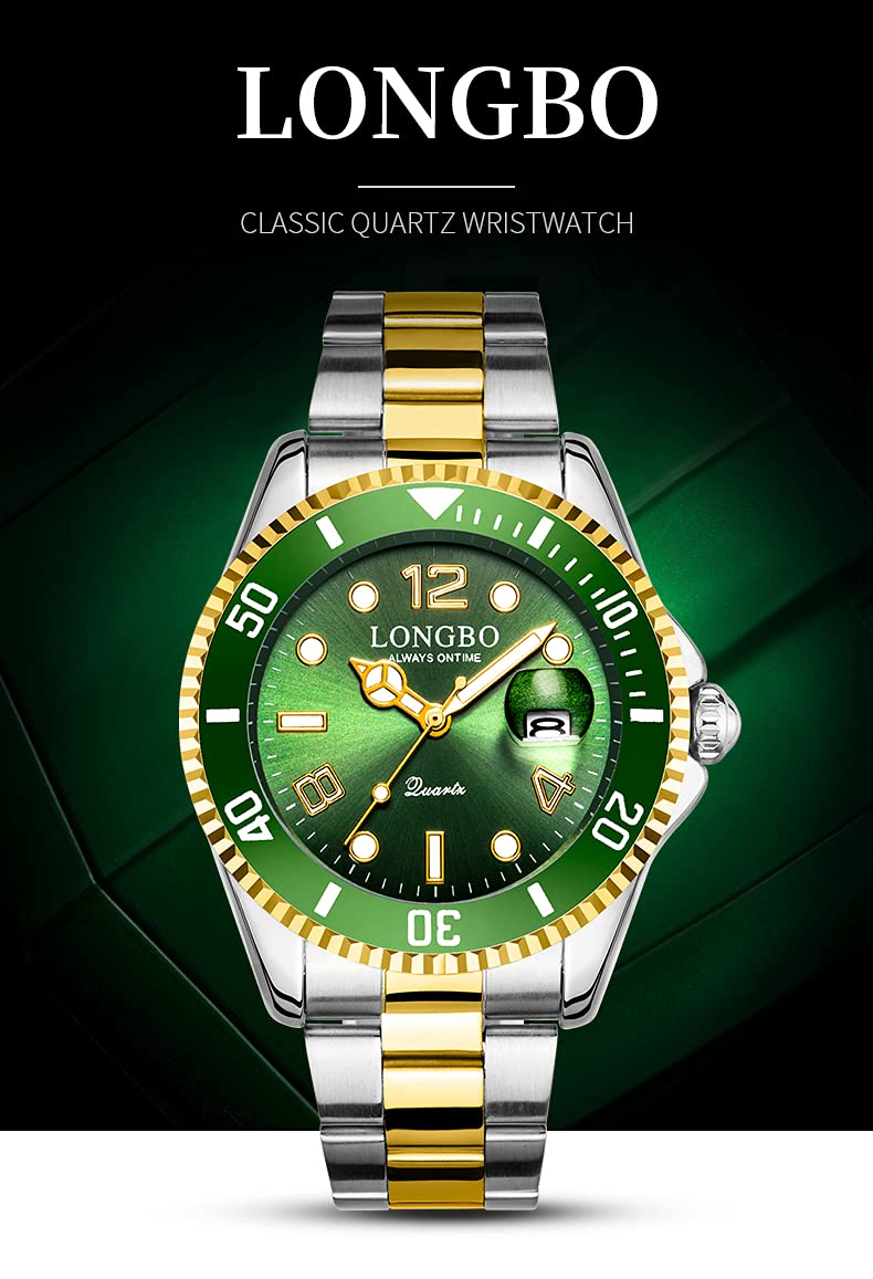 LONGBO Master Green and Gold Color Dial Royale Analog Stainless Steel Watch for Men - Image 2