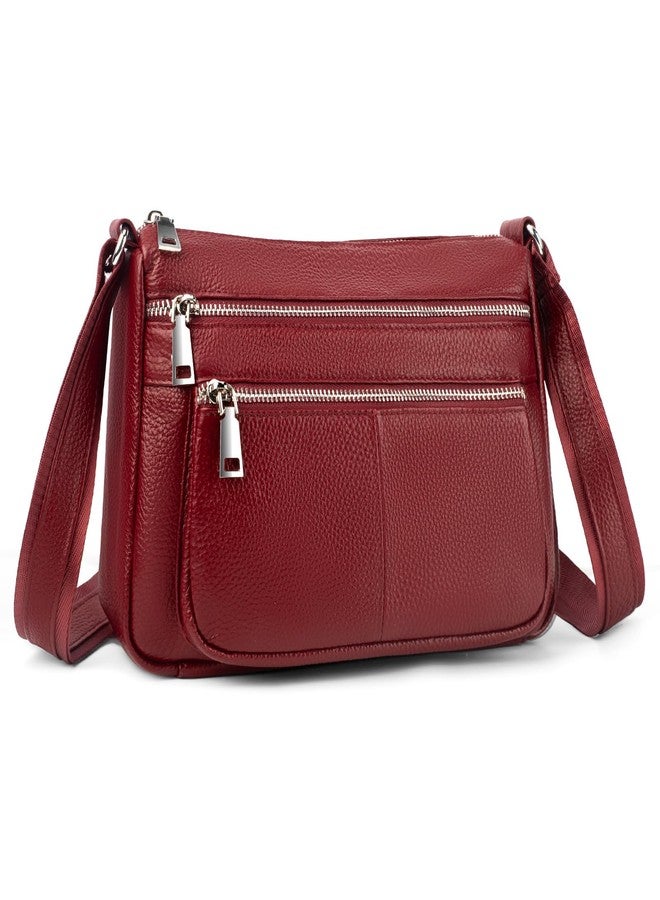 befen Genuine Leather Crossbody Purses for Women, Woman Medium Pocketbooks Shoulder Bags Handbags with Multi Zipper Pockets, Dark Red - Image 1