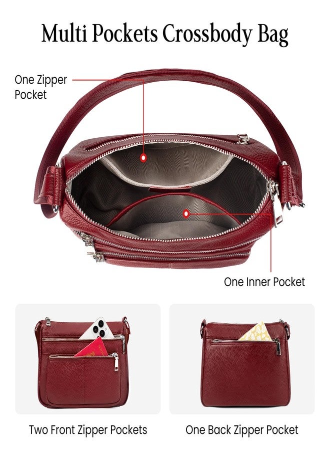 befen Genuine Leather Crossbody Purses for Women, Woman Medium Pocketbooks Shoulder Bags Handbags with Multi Zipper Pockets, Dark Red - Image 3