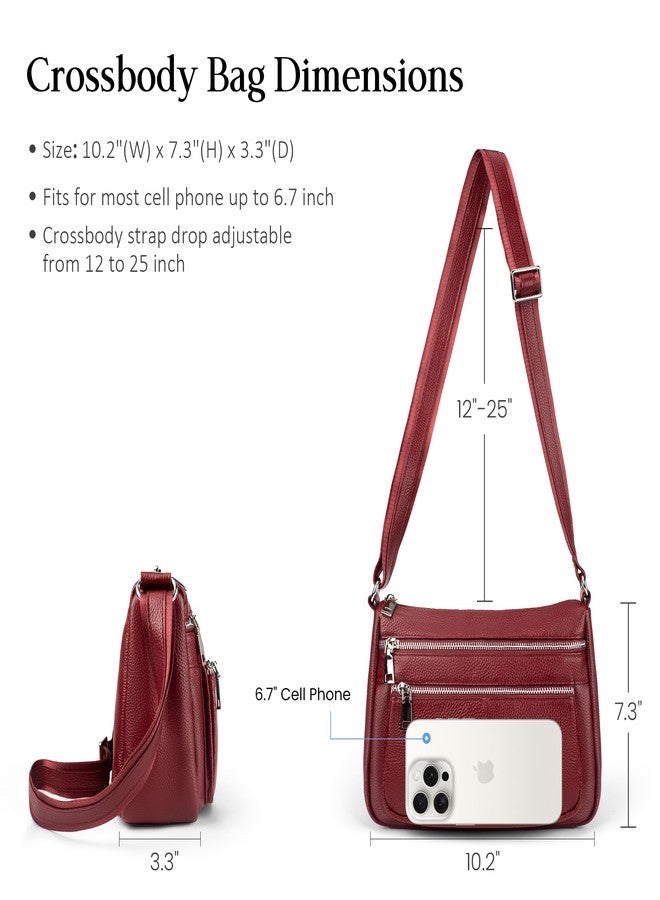 befen Genuine Leather Crossbody Purses for Women, Woman Medium Pocketbooks Shoulder Bags Handbags with Multi Zipper Pockets, Dark Red - Image 4