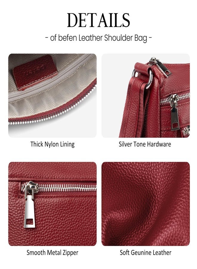 befen Genuine Leather Crossbody Purses for Women, Woman Medium Pocketbooks Shoulder Bags Handbags with Multi Zipper Pockets, Dark Red - Image 5