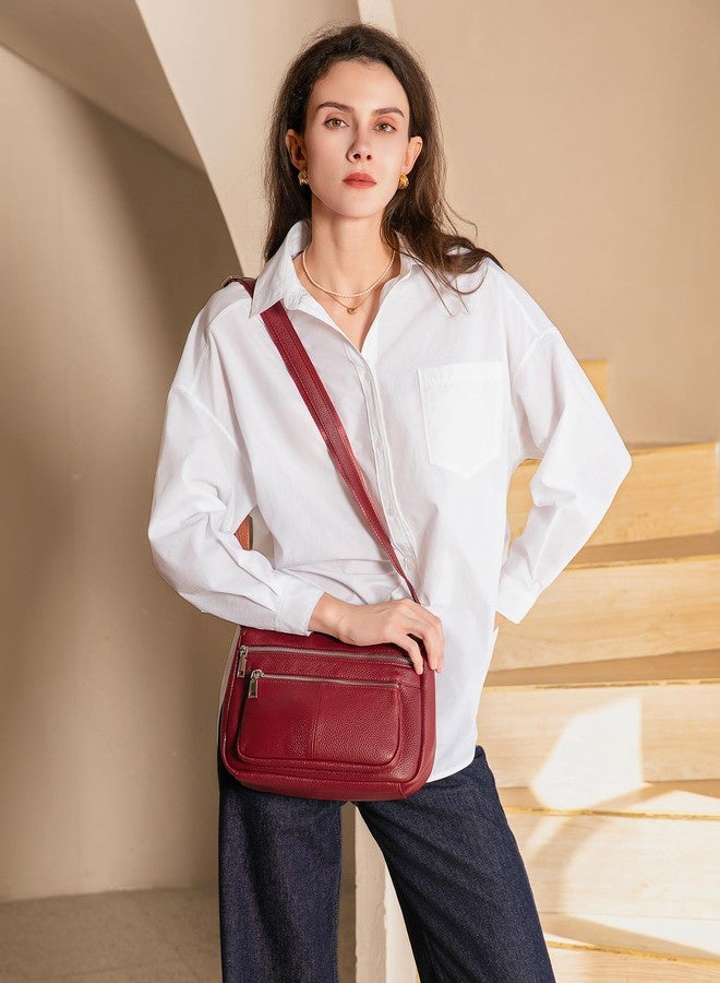 befen Genuine Leather Crossbody Purses for Women, Woman Medium Pocketbooks Shoulder Bags Handbags with Multi Zipper Pockets, Dark Red - Image 2