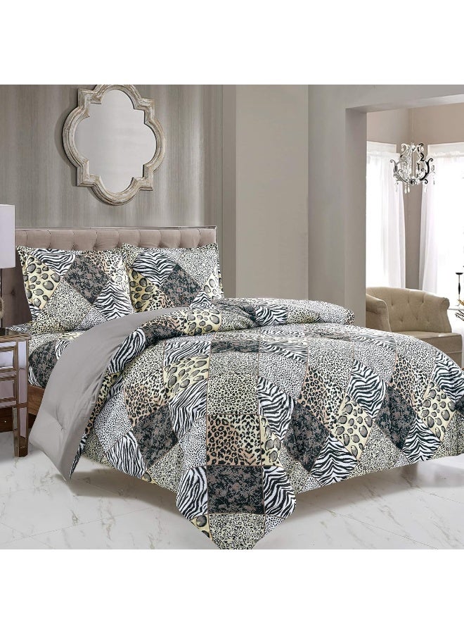 WPM WORLD PRODUCTS MART 3 Piece Animal Print Comforter with Pillow Sham, Black White Gray Leopard Zebra Giraffe Jungle Forest Theme Design Queen Size Bedding- Safari - Image 1