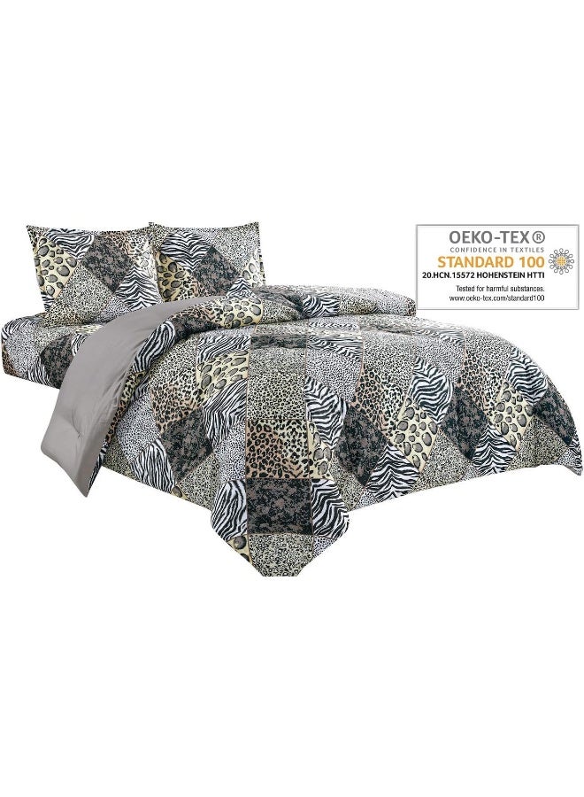 WPM WORLD PRODUCTS MART 3 Piece Animal Print Comforter with Pillow Sham, Black White Gray Leopard Zebra Giraffe Jungle Forest Theme Design Queen Size Bedding- Safari - Image 2
