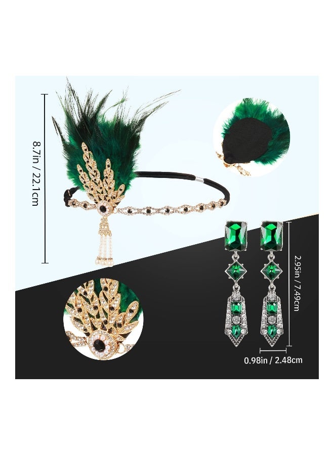 1920s Flapper Costume Accessories Set, Gatsby Costume Accessories Set for Women 20s Headpiece Earrings Gloves Holder Pearl Necklace and Feather Fan (Green) - Image 2