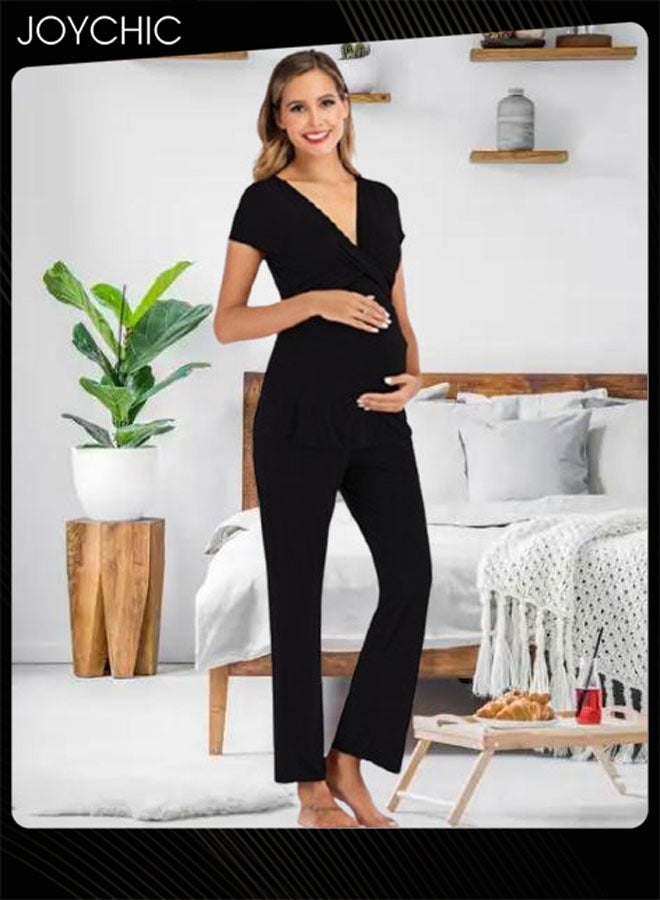 Joychic 2-piece Solid Color Maternity Women Modal Loose Comfortable and Breathable Pajama Set Spring and Summer Autumn Short-sleeved Trousers Sleepwear Home Clothes Black - Image 3