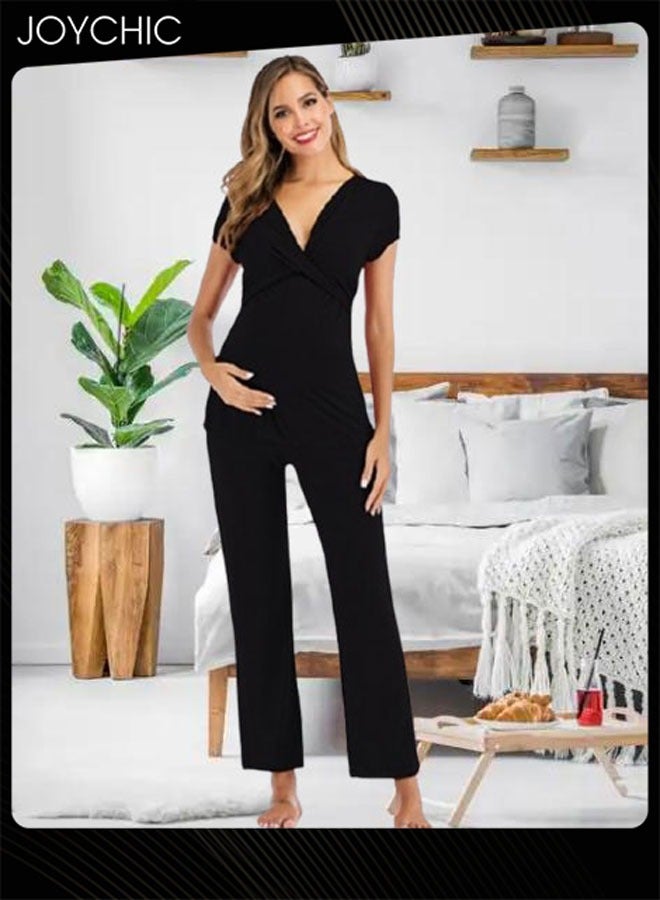 Joychic 2-piece Solid Color Maternity Women Modal Loose Comfortable and Breathable Pajama Set Spring and Summer Autumn Short-sleeved Trousers Sleepwear Home Clothes Black - Image 1
