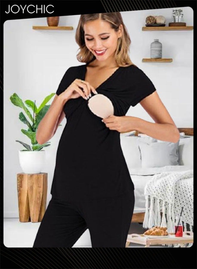 Joychic 2-piece Solid Color Maternity Women Modal Loose Comfortable and Breathable Pajama Set Spring and Summer Autumn Short-sleeved Trousers Sleepwear Home Clothes Black - Image 2