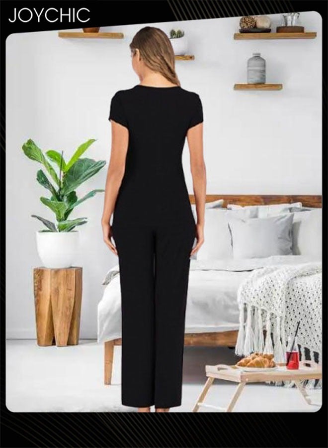 Joychic 2-piece Solid Color Maternity Women Modal Loose Comfortable and Breathable Pajama Set Spring and Summer Autumn Short-sleeved Trousers Sleepwear Home Clothes Black - Image 4