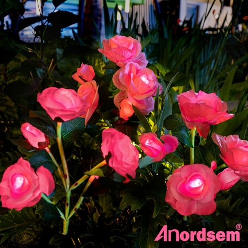 Anordsem Solar Garden Lights Outdoor: 10 Waterproof Fabric Roses Flower 2 Pack - LED Pink Landscape Lighting for Yard Cemetery Decorative - Christmas Gifts for Mom Homeowner Over 30 - Image 2