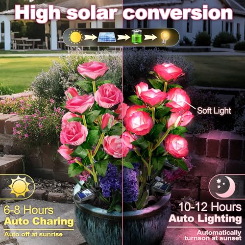 Anordsem Solar Garden Lights Outdoor: 10 Waterproof Fabric Roses Flower 2 Pack - LED Pink Landscape Lighting for Yard Cemetery Decorative - Christmas Gifts for Mom Homeowner Over 30 - Image 4