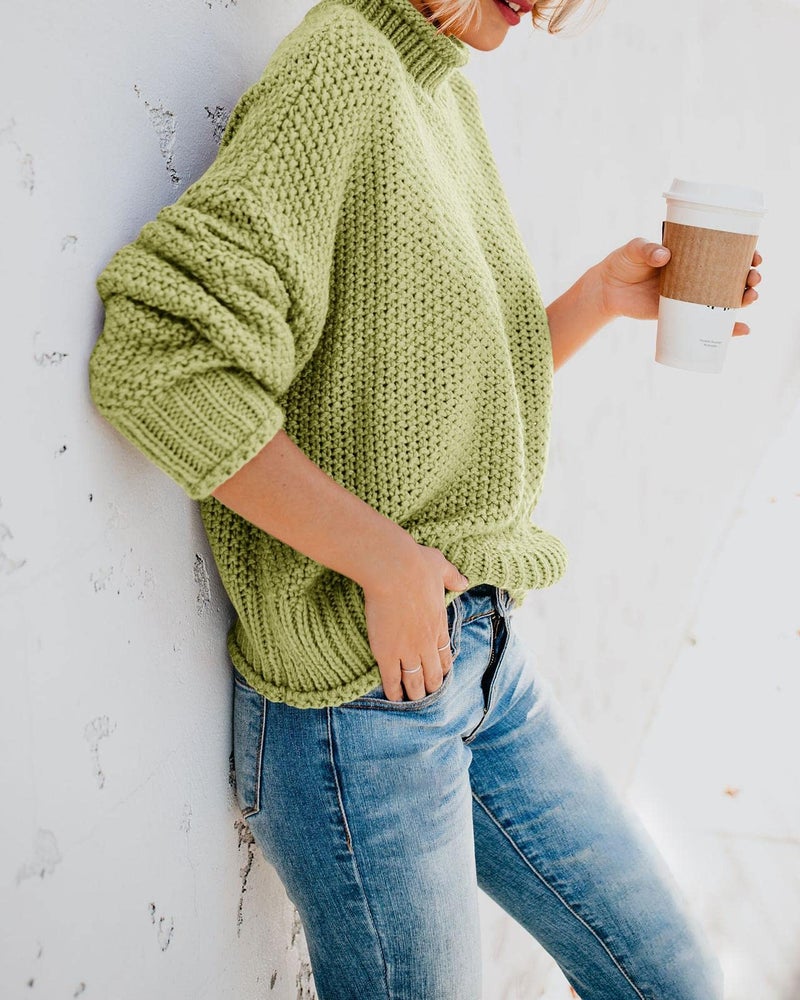 Saodimallsu Womens Turtleneck Sweater Oversized Warm Winter Sweaters Batwing Long Sleeve Cozy Chunky Knit Pullover Tops Grass Green - Image 3