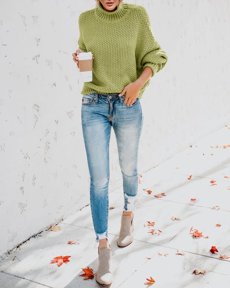 Saodimallsu Womens Turtleneck Sweater Oversized Warm Winter Sweaters Batwing Long Sleeve Cozy Chunky Knit Pullover Tops Grass Green - Image 5