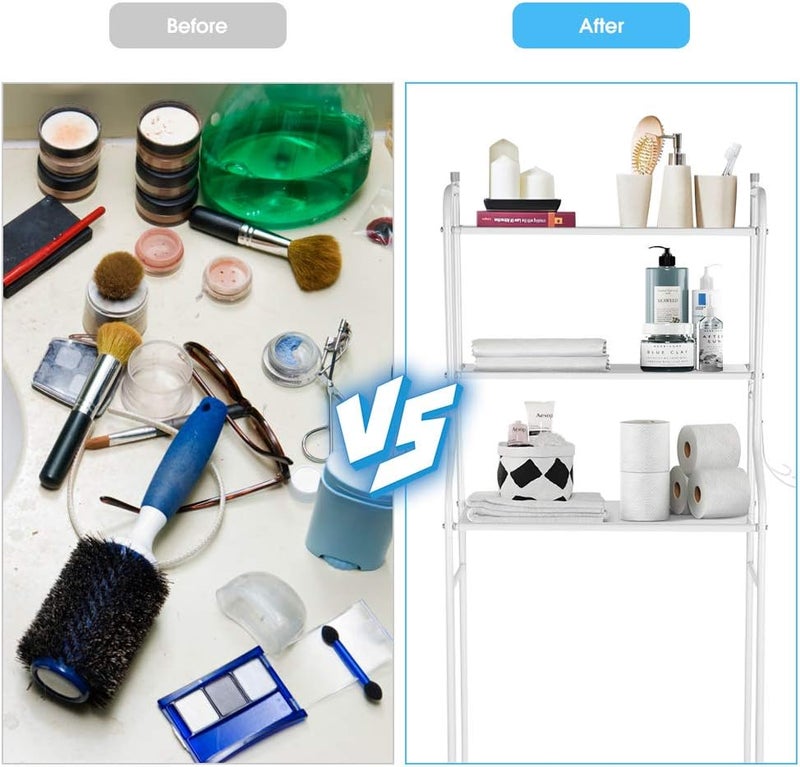 klarako 3 Tier Over The Toilet Shelf, Free Standing Bathroom Toilet Shelf Organizer Metal Storage Rack Space Saver with Hooks, No Drill or Damage to Wall - White - Image 3